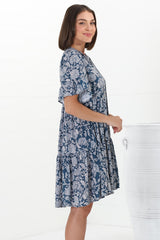 Abilia Mini Dress - Mandarin Collar Buttoned Bodice Smock Dress in Brulette Print Blue