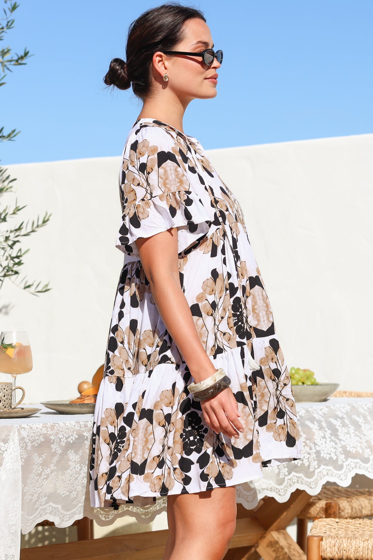 Abilia Mini Dress - Mandarin Collar Smock Dress in Calea Print Beige