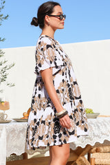 Abilia Mini Dress - Mandarin Collar Smock Dress in Calea Print Beige