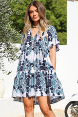 Abilia Mini Dress - Mandarin Collar Smock Dress in Calea Print Blue