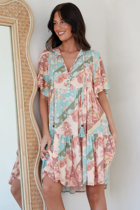 Abilia Mini Dress - Mandarin Collar Smock Dress in Clavelle Print