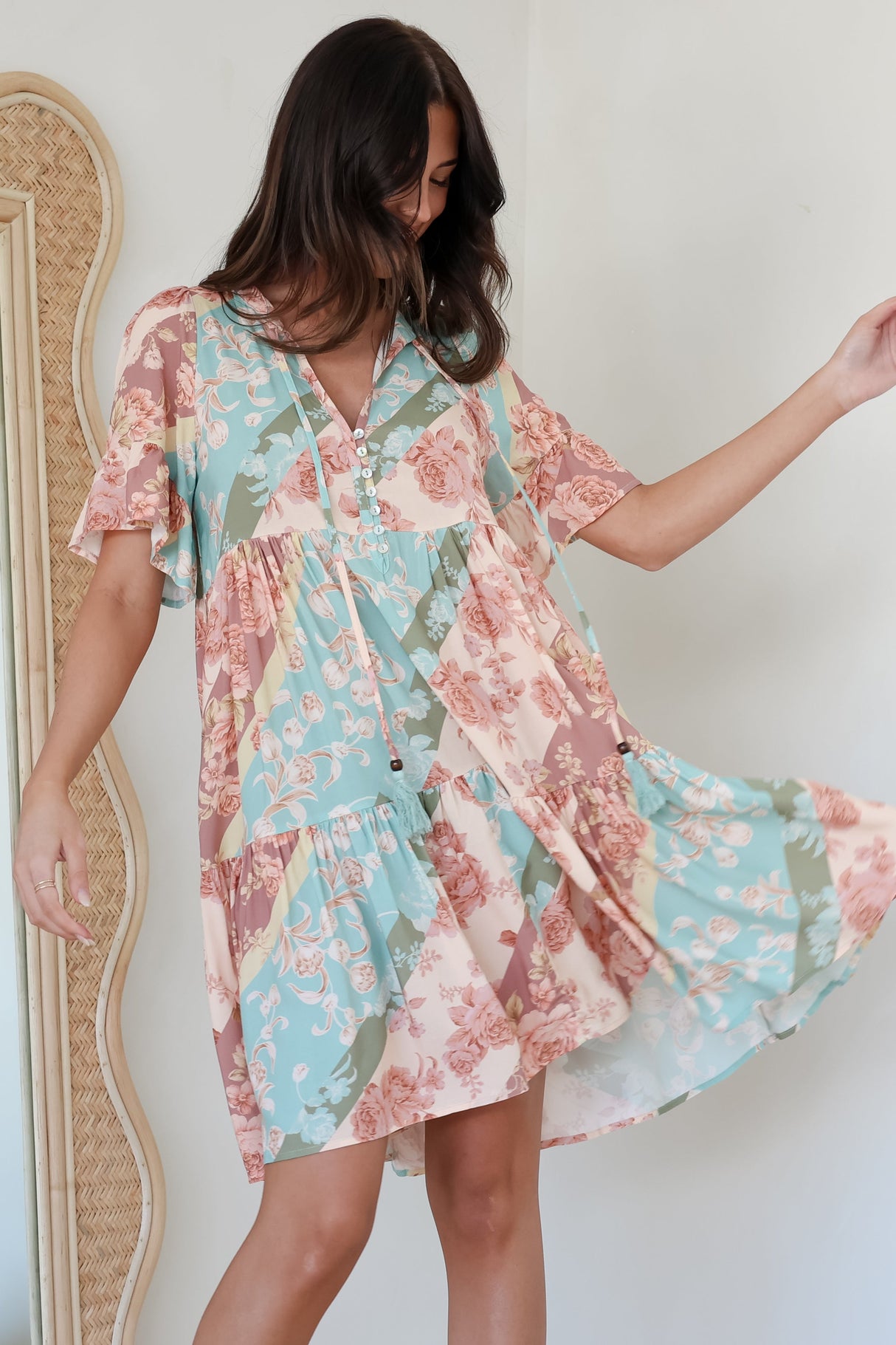 Abilia Mini Dress - Mandarin Collar Smock Dress in Clavelle Print