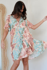 Abilia Mini Dress - Mandarin Collar Smock Dress in Clavelle Print