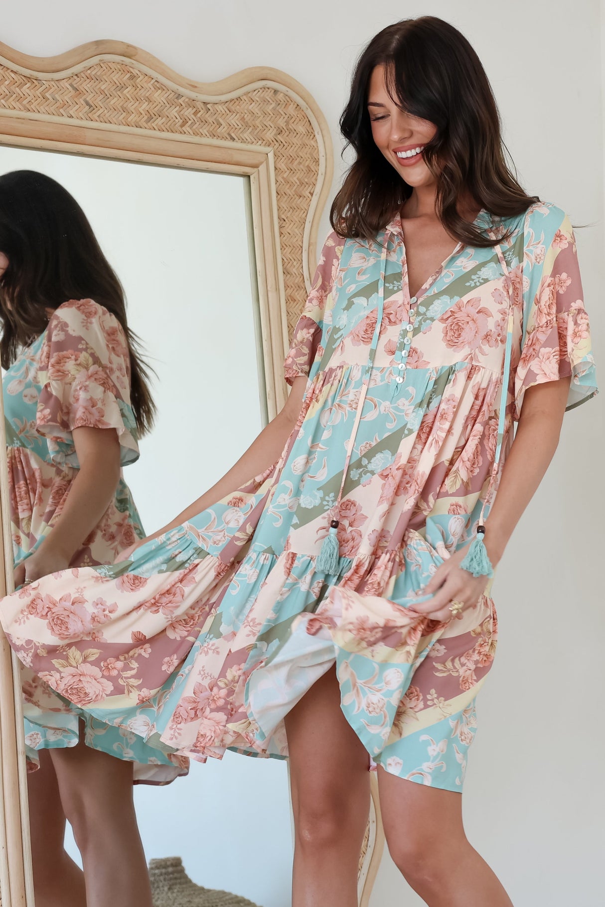 Abilia Mini Dress - Mandarin Collar Smock Dress in Clavelle Print