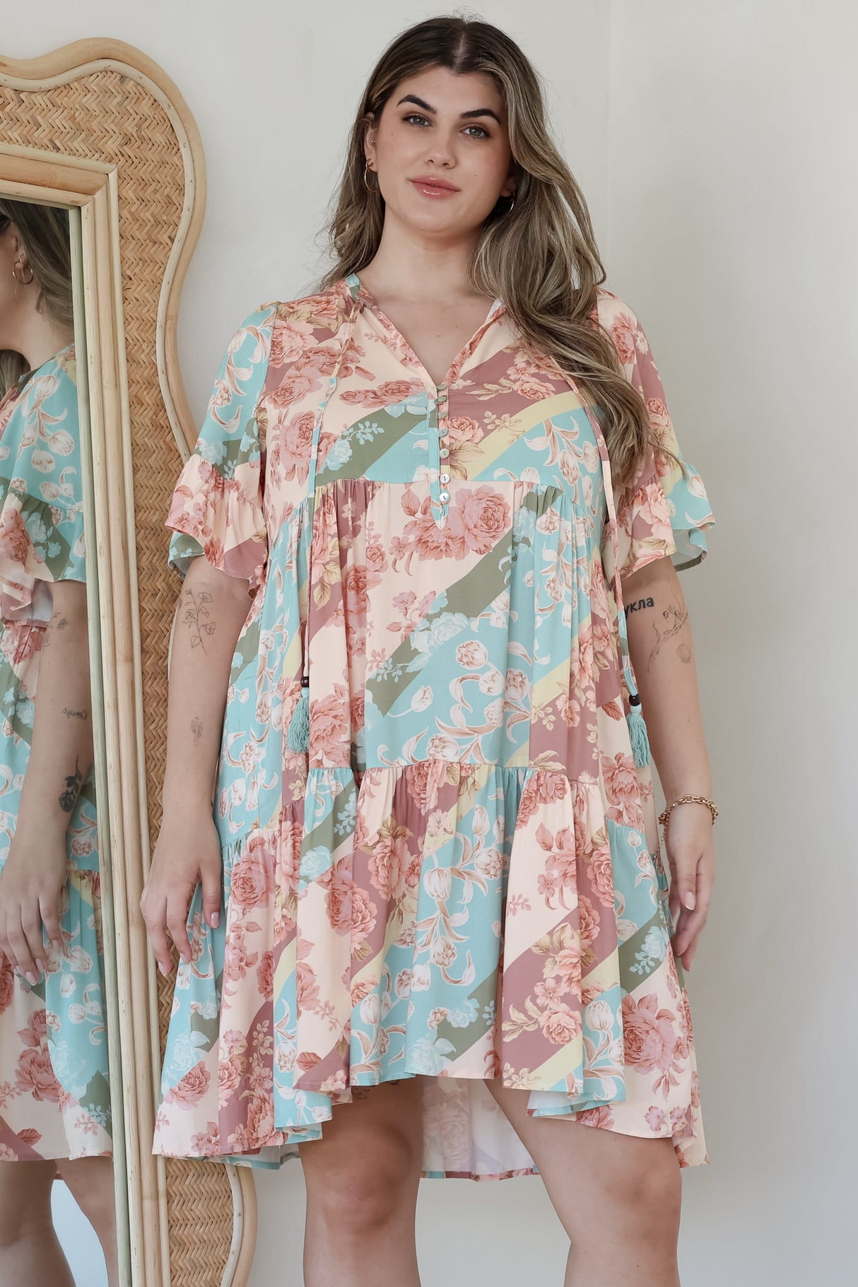 Abilia Mini Dress - Mandarin Collar Smock Dress in Clavelle Print