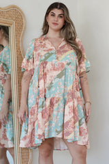 Abilia Mini Dress - Mandarin Collar Smock Dress in Clavelle Print