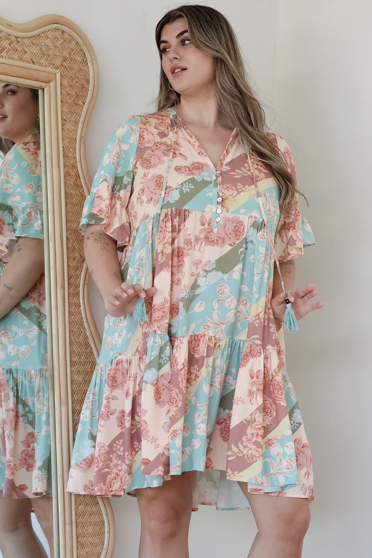 Abilia Mini Dress - Mandarin Collar Smock Dress in Clavelle Print