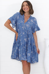 Abilia Mini Dress - Mandarin Collar Smock Dress in Cove Print Blue