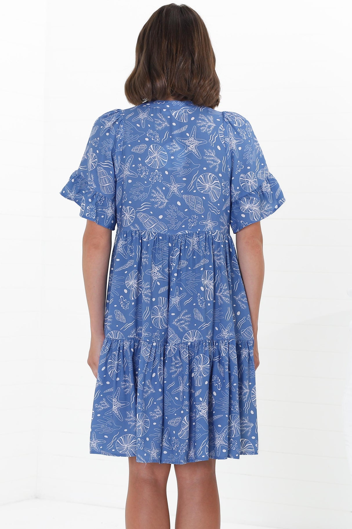 Abilia Mini Dress - Mandarin Collar Smock Dress in Cove Print Blue