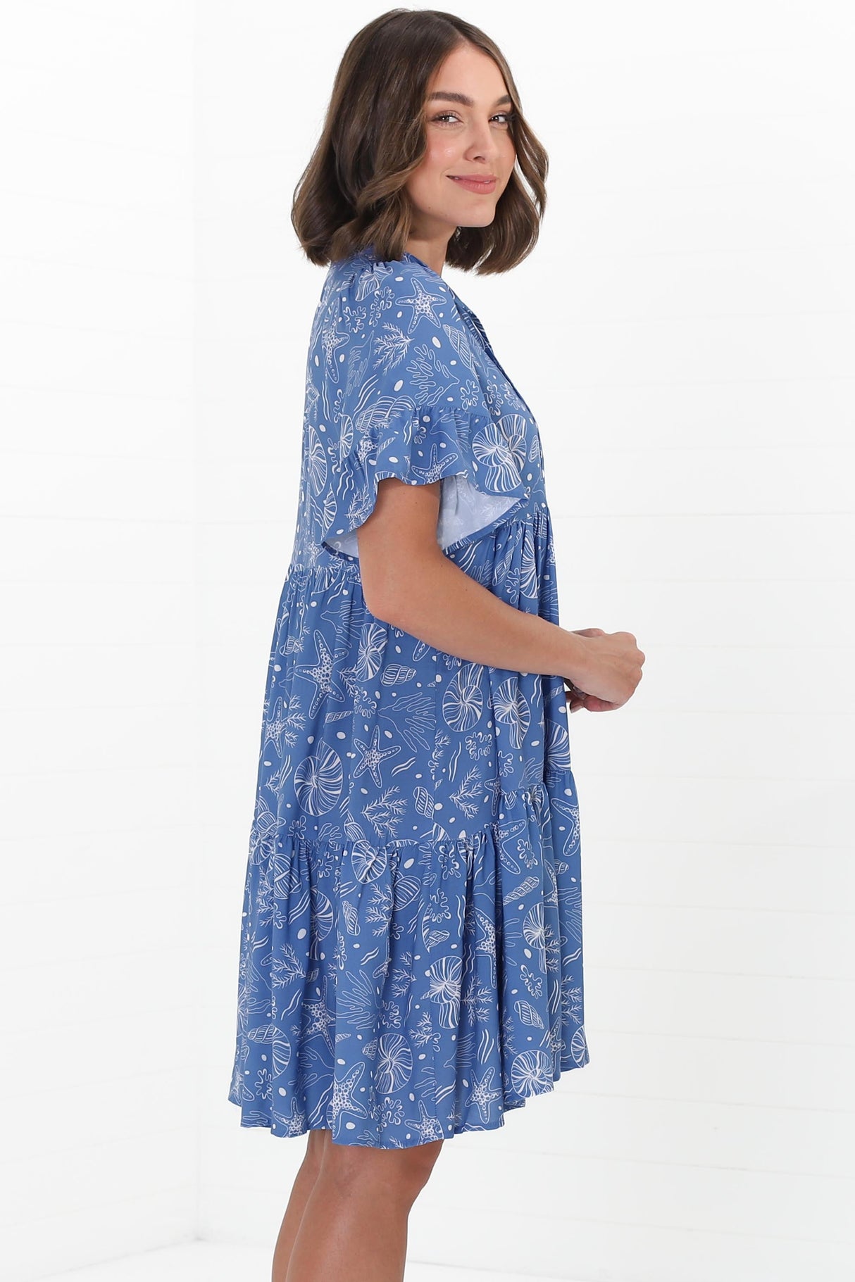 Abilia Mini Dress - Mandarin Collar Smock Dress in Cove Print Blue