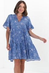 Abilia Mini Dress - Mandarin Collar Smock Dress in Cove Print Blue