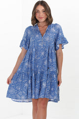 Abilia Mini Dress - Mandarin Collar Smock Dress in Cove Print Blue