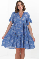 Abilia Mini Dress - Mandarin Collar Smock Dress in Cove Print Blue