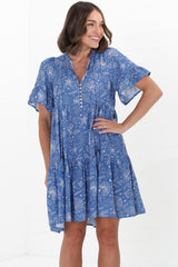 Abilia Mini Dress - Mandarin Collar Smock Dress in Cove Print Blue