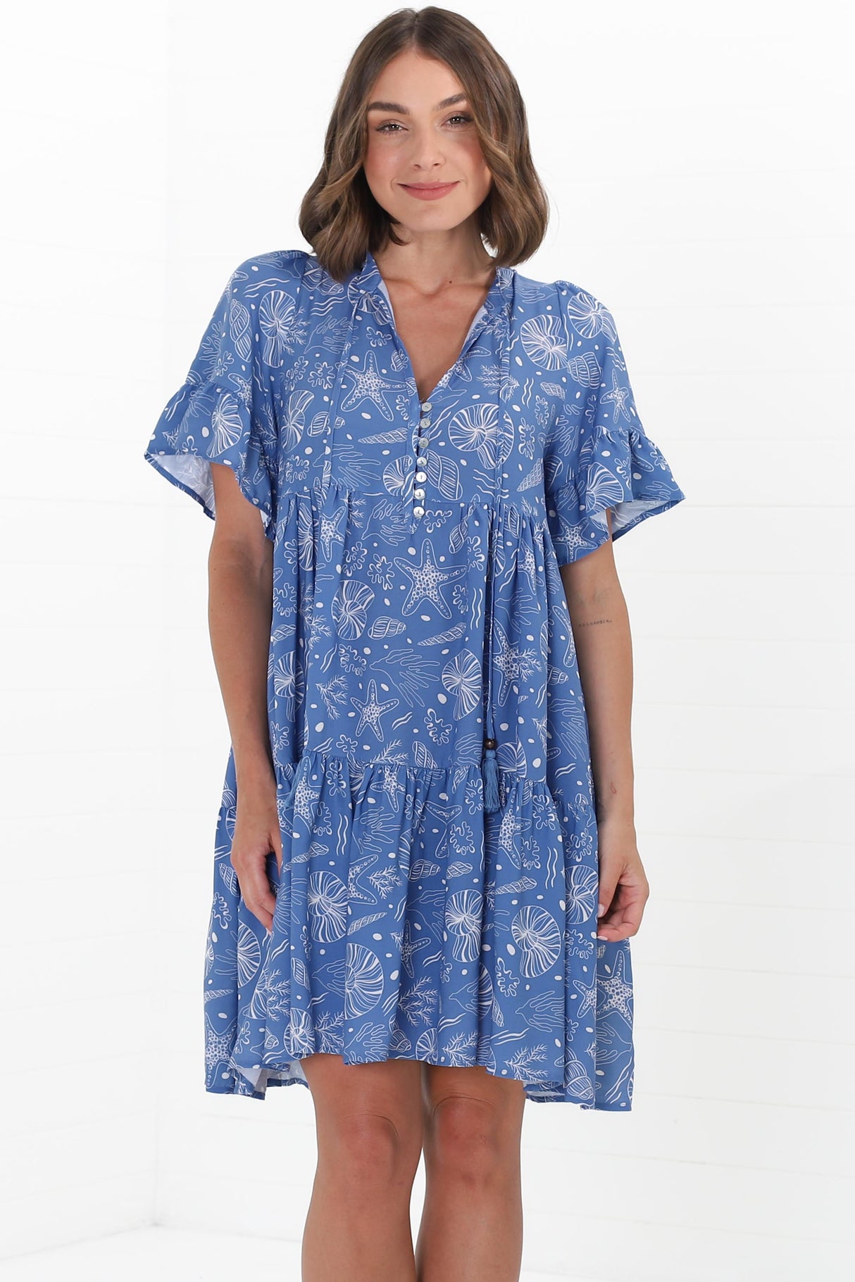 Abilia Mini Dress - Mandarin Collar Smock Dress in Cove Print Blue