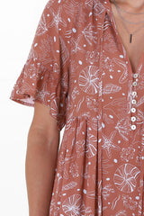 Abilia Mini Dress - Mandarin Collar Smock Dress in Cove Print Terracotta