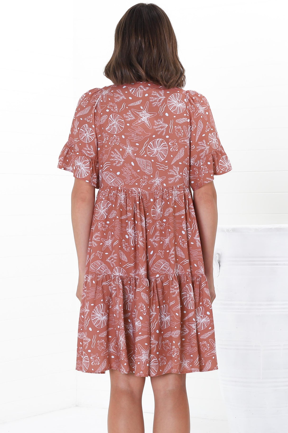 Abilia Mini Dress - Mandarin Collar Smock Dress in Cove Print Terracotta