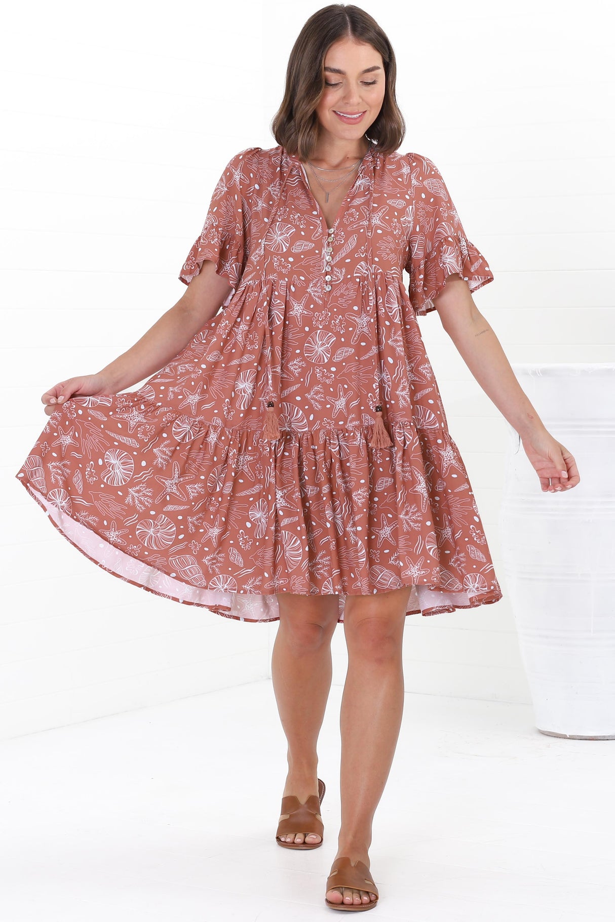 Abilia Mini Dress - Mandarin Collar Smock Dress in Cove Print Terracotta