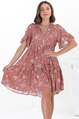 Abilia Mini Dress - Mandarin Collar Smock Dress in Cove Print Terracotta