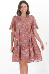 Abilia Mini Dress - Mandarin Collar Smock Dress in Cove Print Terracotta