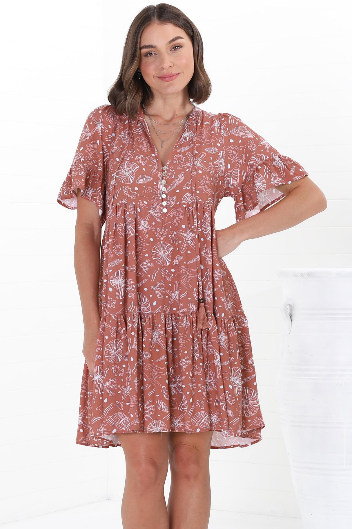 Abilia Mini Dress - Mandarin Collar Smock Dress in Cove Print Terracotta