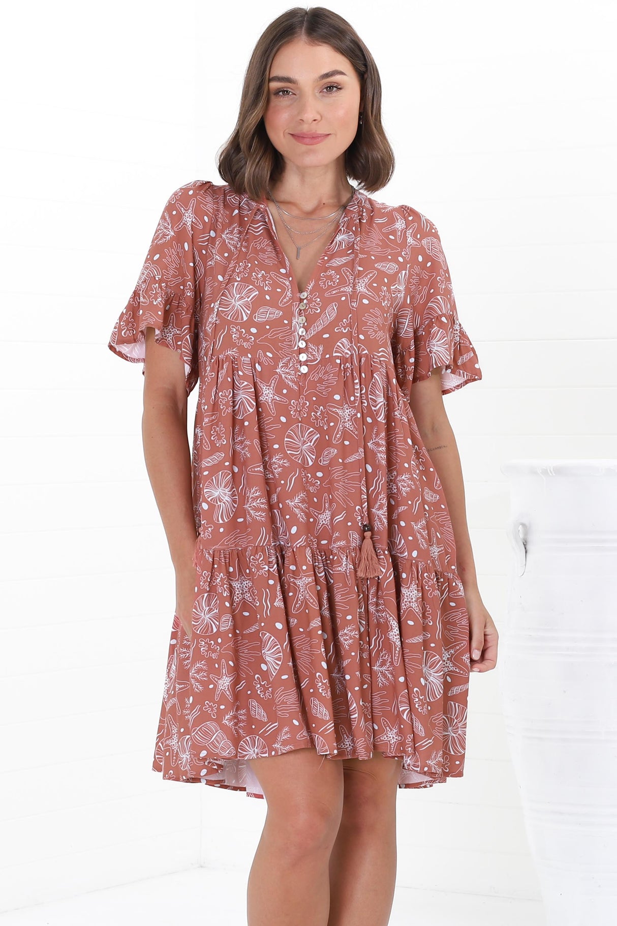 Abilia Mini Dress - Mandarin Collar Smock Dress in Cove Print Terracotta