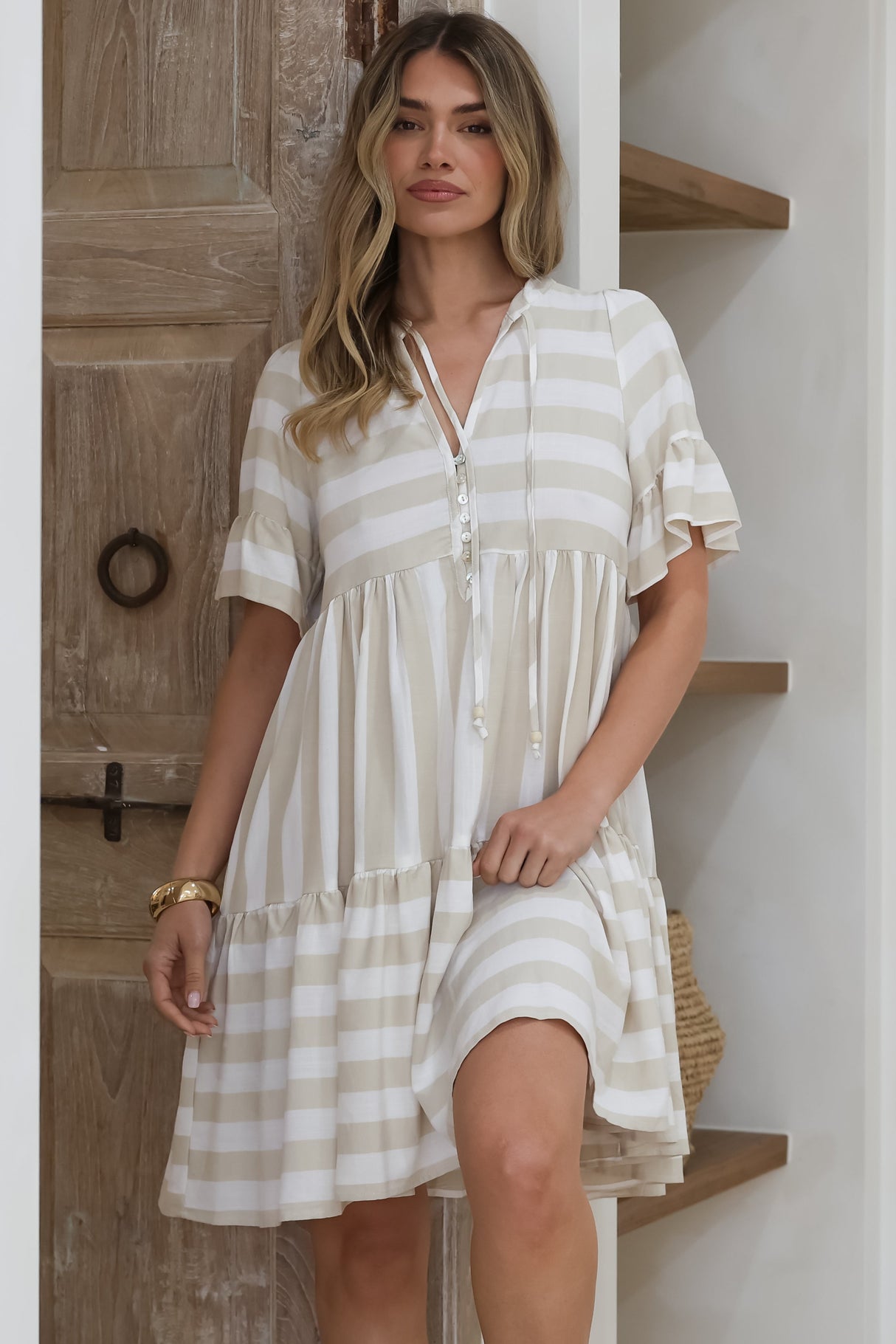 Abilia Mini Dress - Mandarin Collar Smock Dress in Gaubi Print Beige