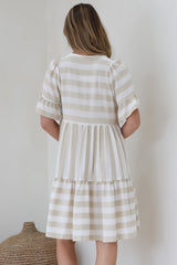 Abilia Mini Dress - Mandarin Collar Smock Dress in Gaubi Print Beige