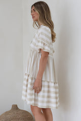 Abilia Mini Dress - Mandarin Collar Smock Dress in Gaubi Print Beige