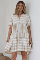 Abilia Mini Dress - Mandarin Collar Smock Dress in Gaubi Print Beige