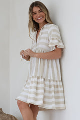 Abilia Mini Dress - Mandarin Collar Smock Dress in Gaubi Print Beige