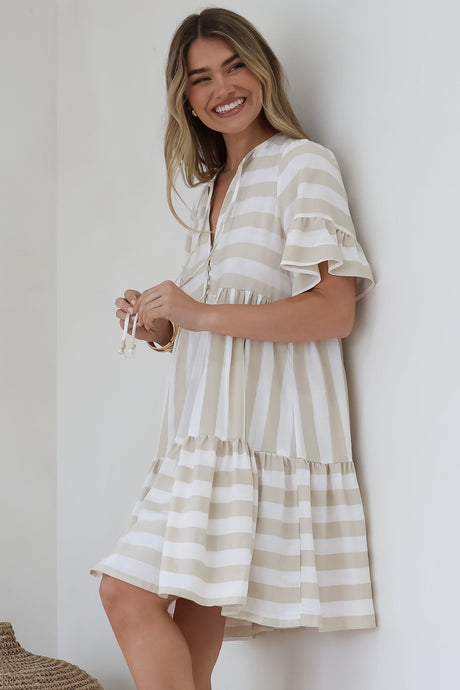 Abilia Mini Dress - Mandarin Collar Smock Dress in Gaubi Print Beige