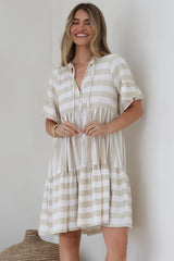 Abilia Mini Dress - Mandarin Collar Smock Dress in Gaubi Print Beige