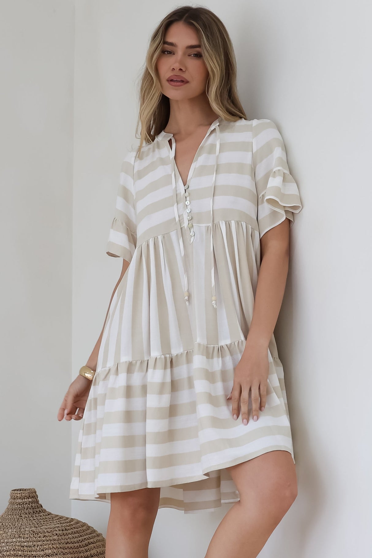 Abilia Mini Dress - Mandarin Collar Smock Dress in Gaubi Print Beige
