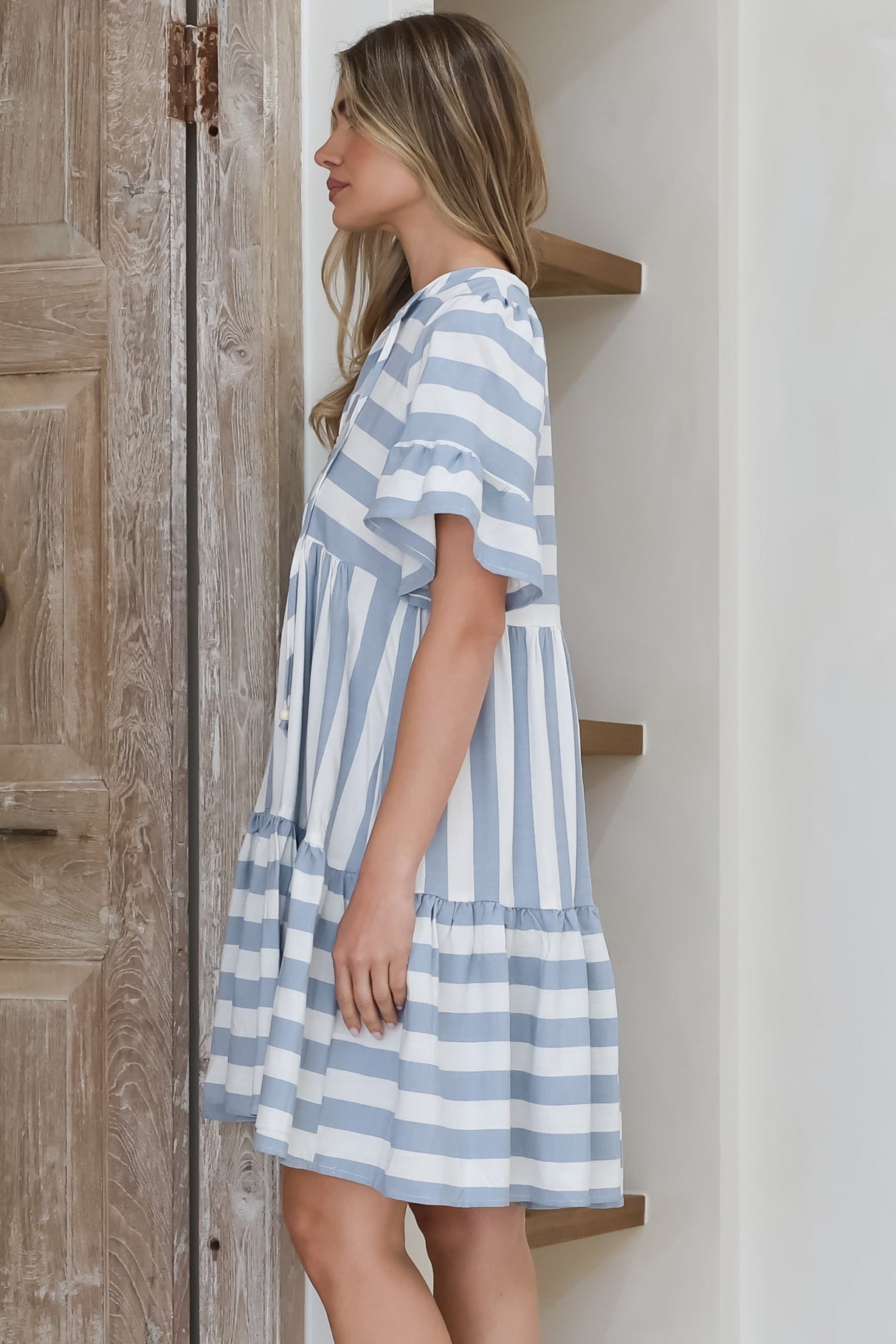 Abilia Mini Dress - Mandarin Collar Smock Dress in Gaubi Print Blue