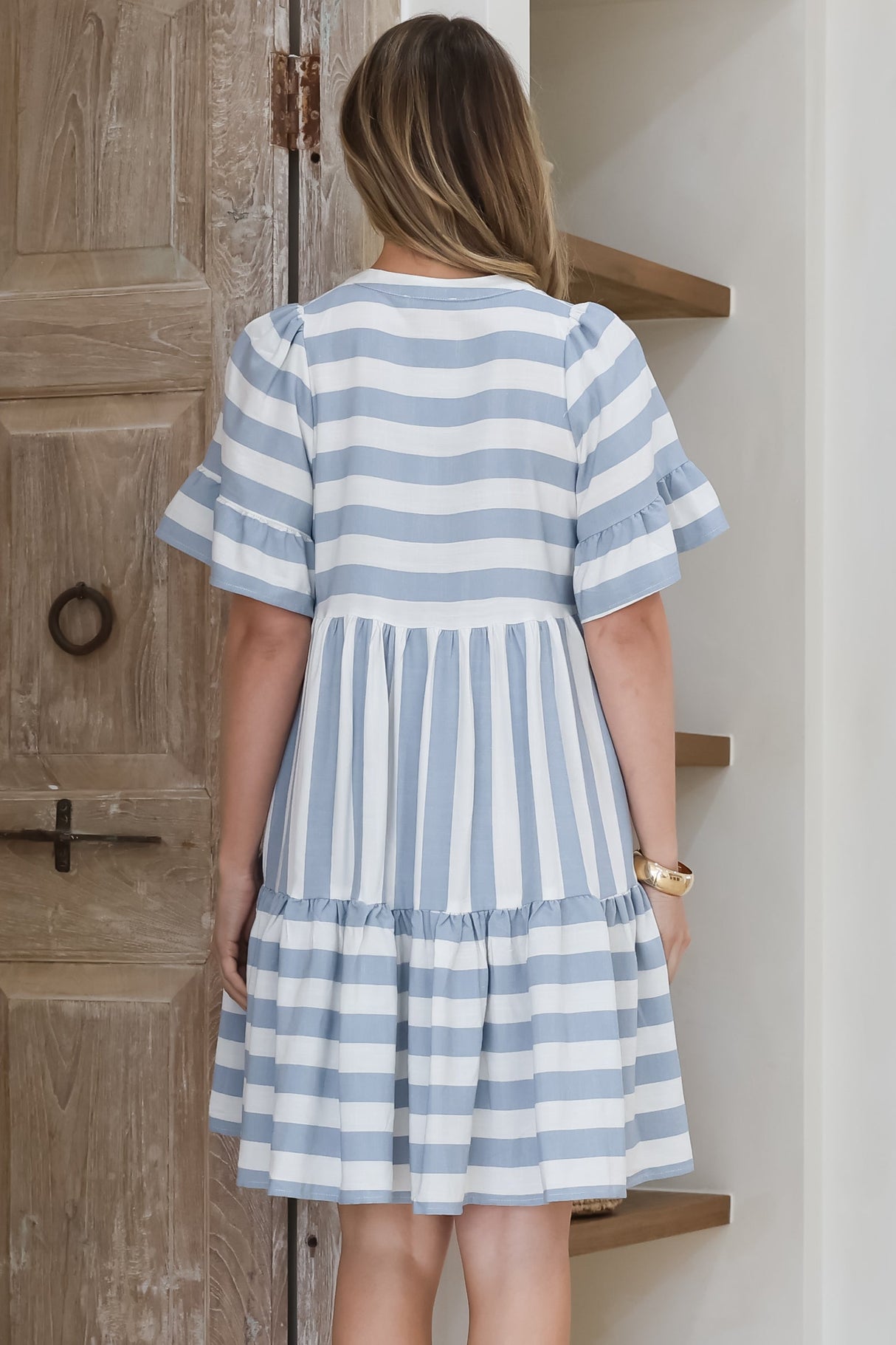 Abilia Mini Dress - Mandarin Collar Smock Dress in Gaubi Print Blue