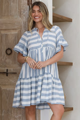 Abilia Mini Dress - Mandarin Collar Smock Dress in Gaubi Print Blue