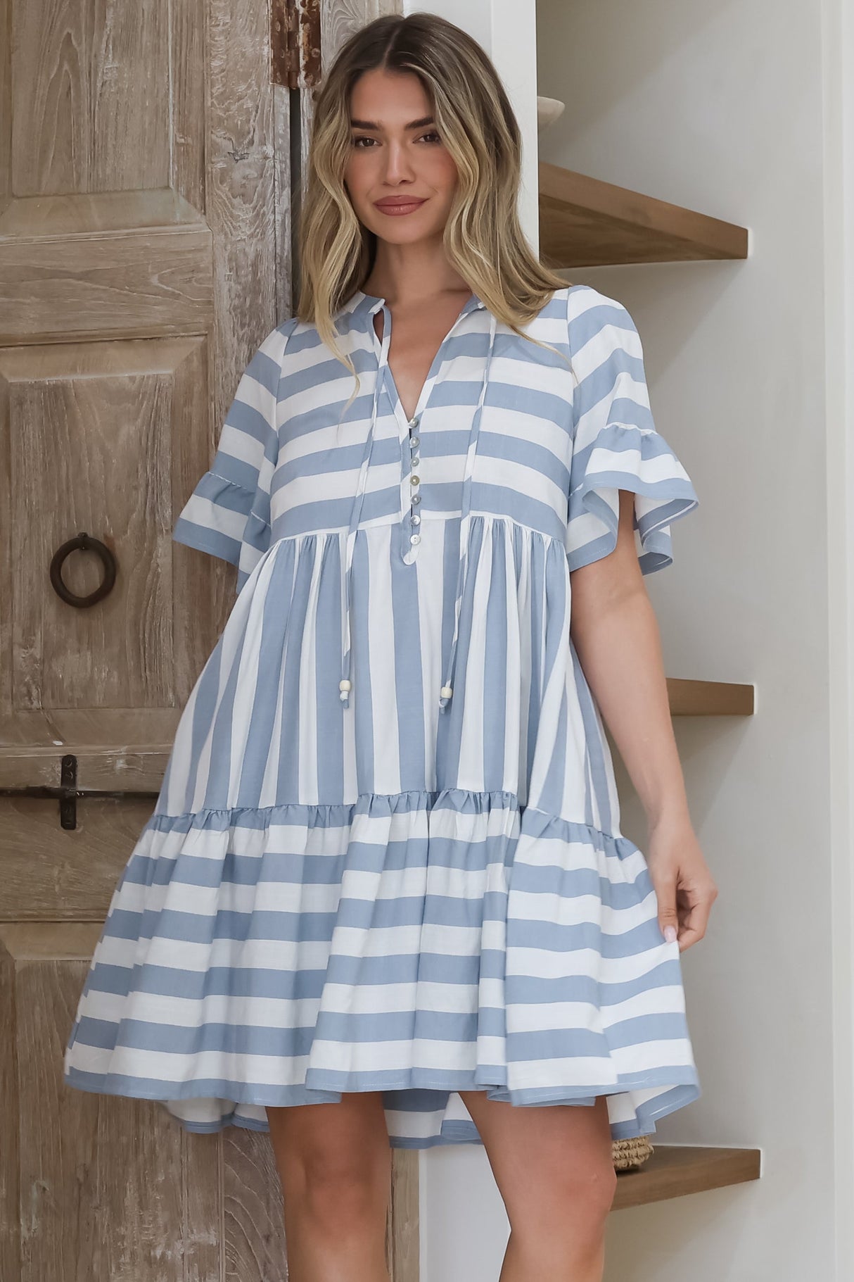 Abilia Mini Dress - Mandarin Collar Smock Dress in Gaubi Print Blue
