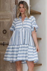 Abilia Mini Dress - Mandarin Collar Smock Dress in Gaubi Print Blue