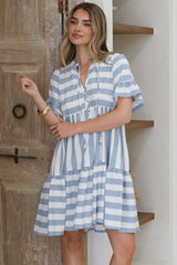 Abilia Mini Dress - Mandarin Collar Smock Dress in Gaubi Print Blue