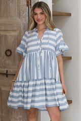Abilia Mini Dress - Mandarin Collar Smock Dress in Gaubi Print Blue