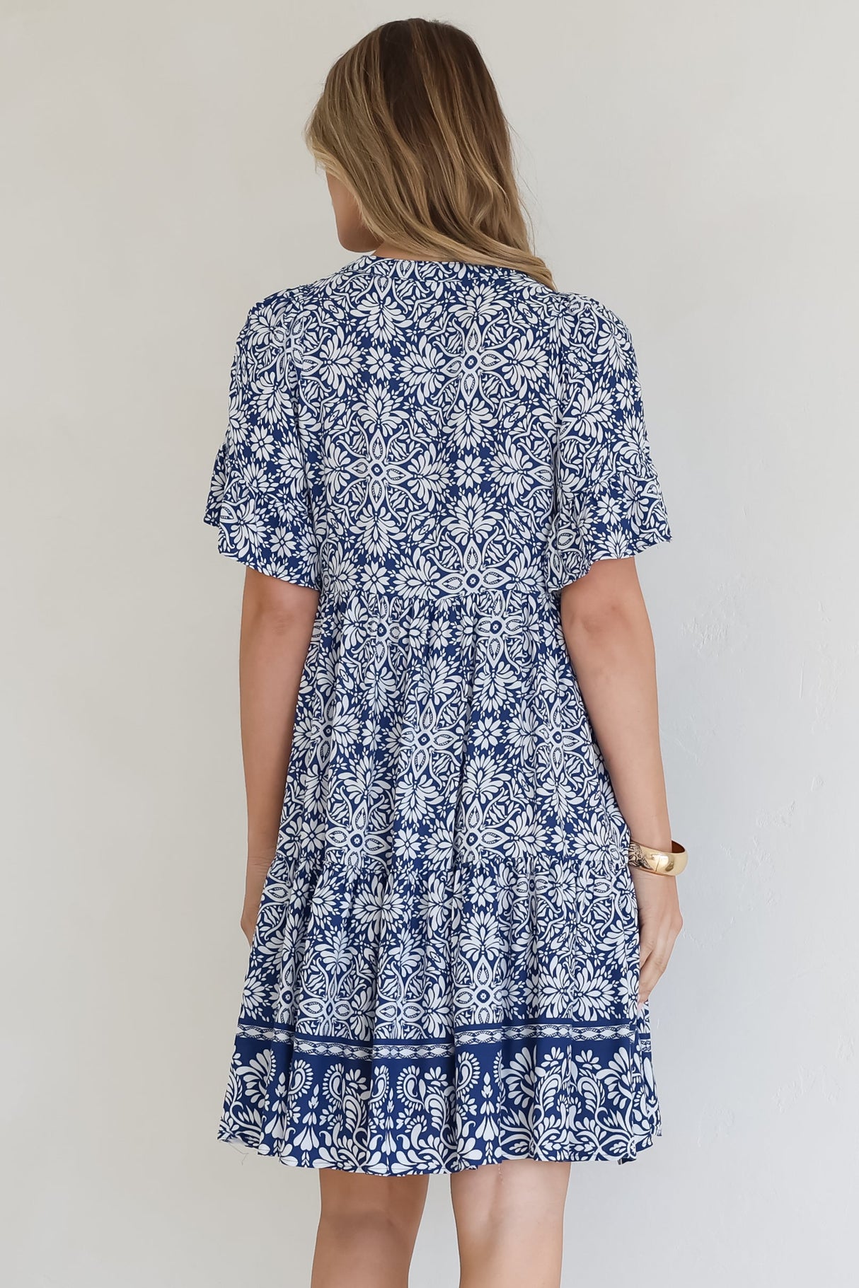 Abilia Mini Dress - Mandarin Collar Smock Dress in Harley Print Blue