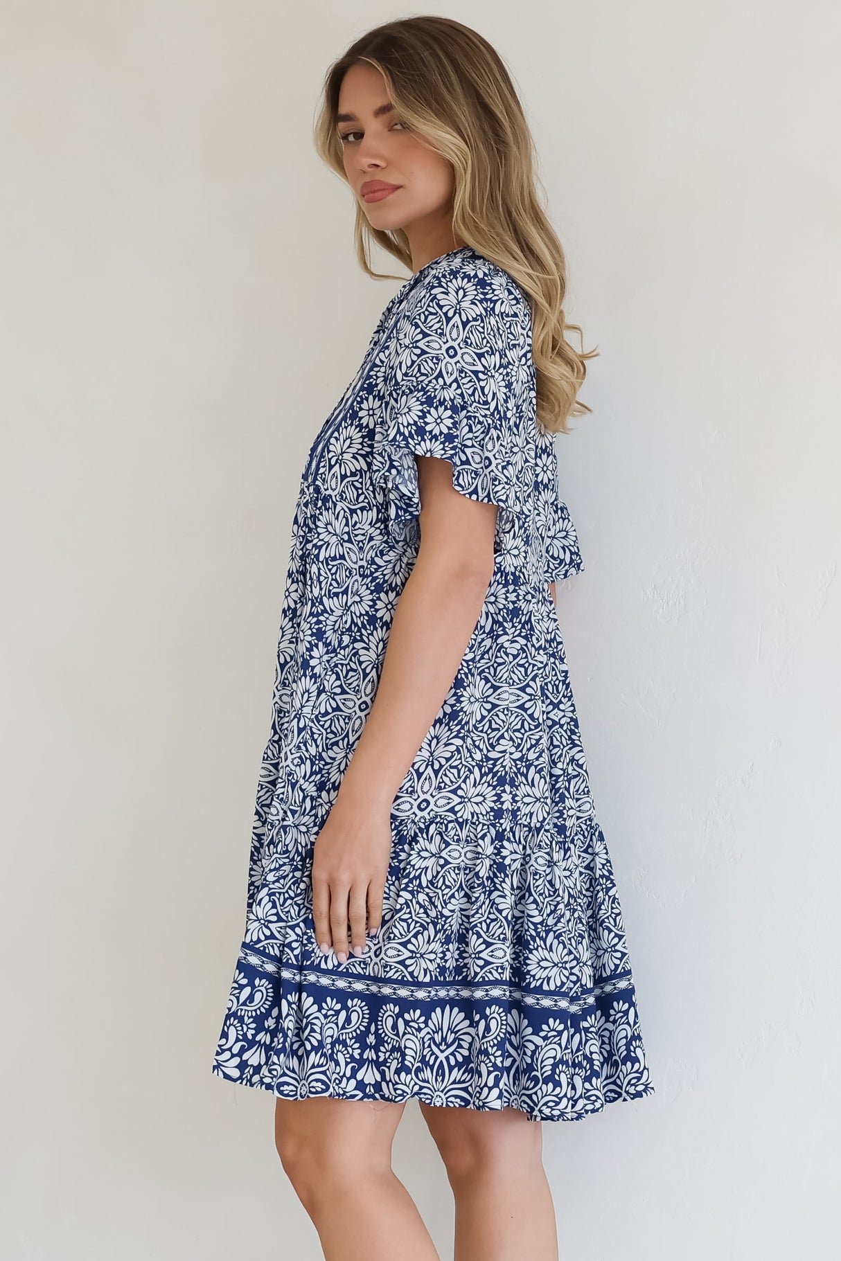 Abilia Mini Dress - Mandarin Collar Smock Dress in Harley Print Blue