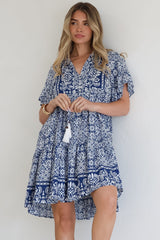 Abilia Mini Dress - Mandarin Collar Smock Dress in Harley Print Blue