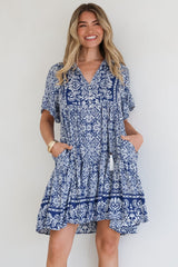 Abilia Mini Dress - Mandarin Collar Smock Dress in Harley Print Blue