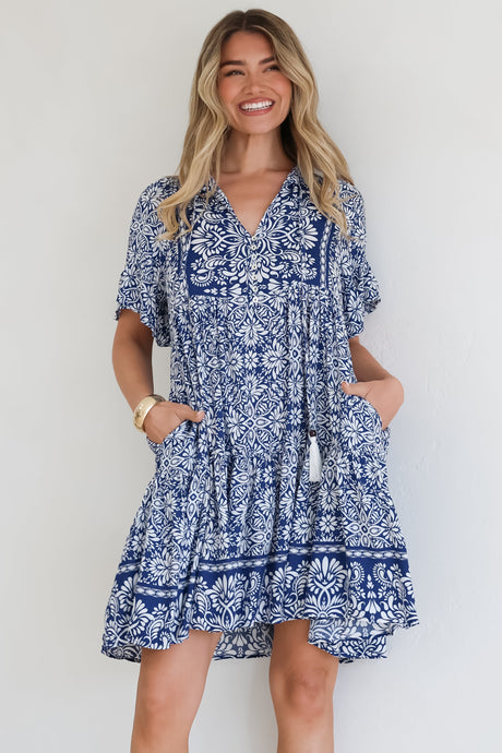Abilia Mini Dress - Mandarin Collar Smock Dress in Harley Print Blue