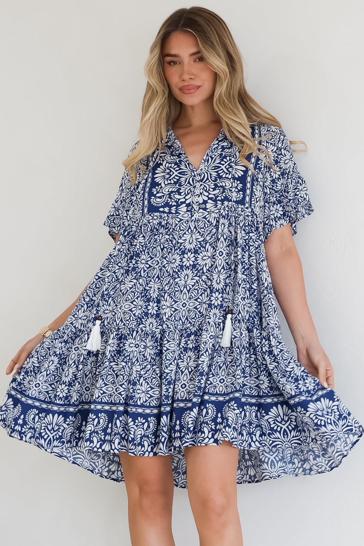 Abilia Mini Dress - Mandarin Collar Smock Dress in Harley Print Blue