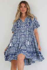 Abilia Mini Dress - Mandarin Collar Smock Dress in Harley Print Blue