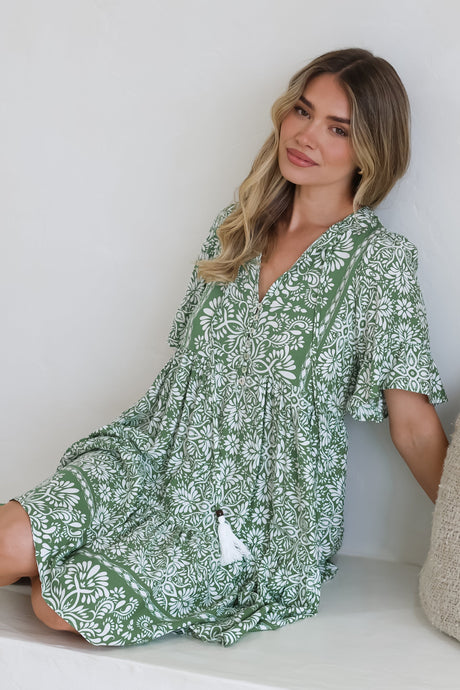Abilia Mini Dress - Mandarin Collar Smock Dress in Harley Print Green