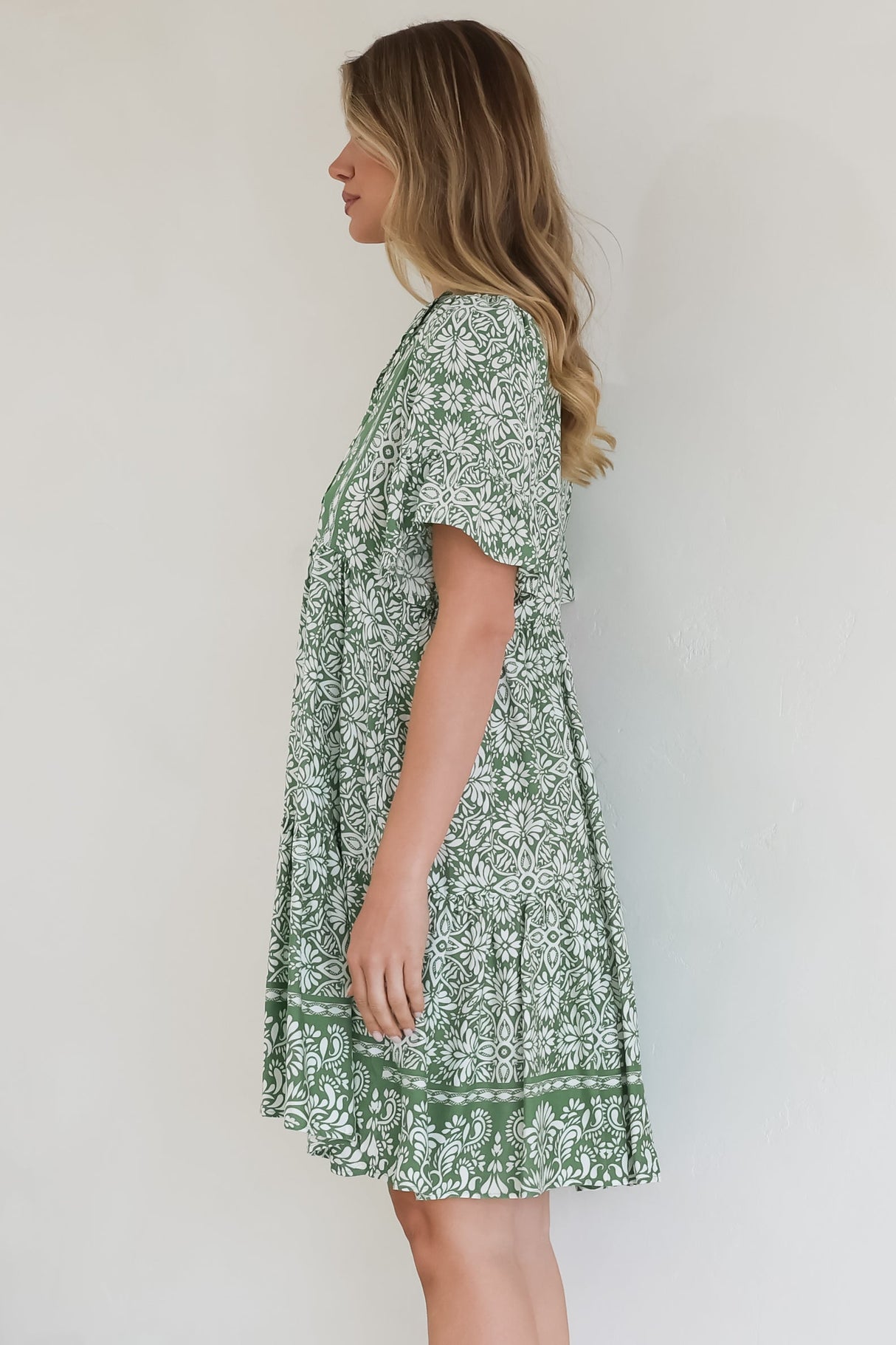 Abilia Mini Dress - Mandarin Collar Smock Dress in Harley Print Green